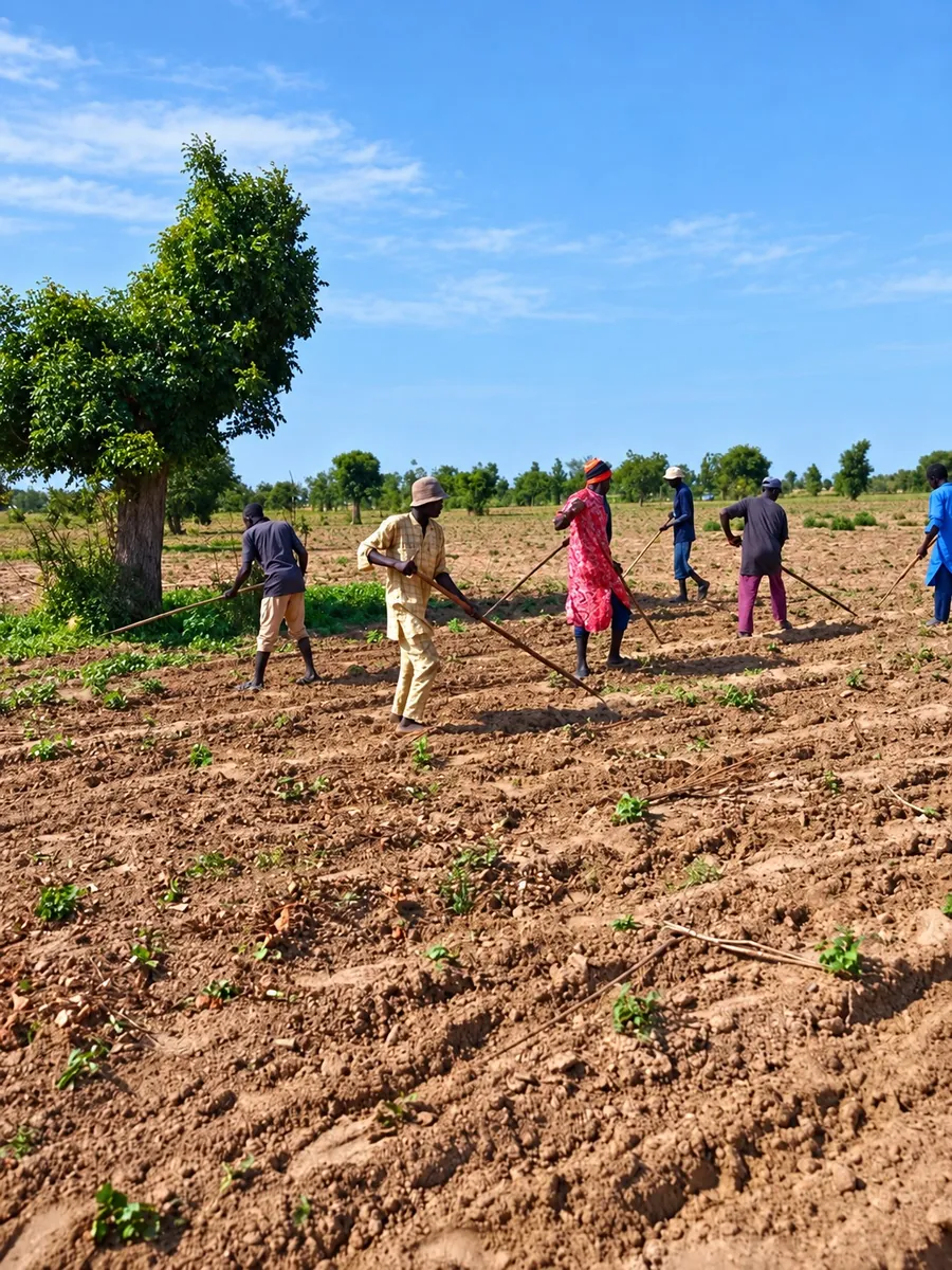 A crew weeding a Namcovi hibiscus farm with long-handled hoes