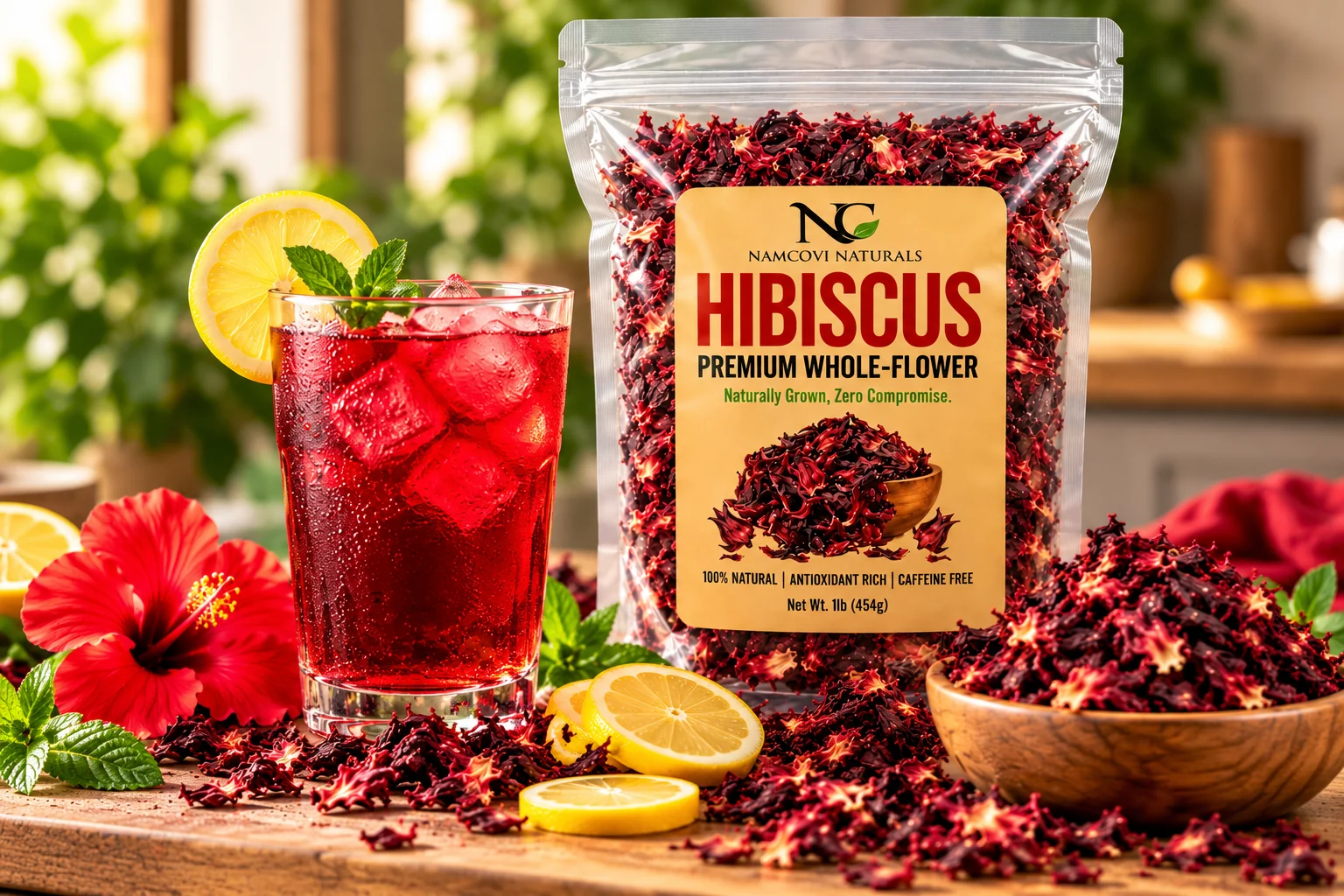 Namcovi 1 lb hibiscus pouch beside a glass of iced hibiscus drink and a bowl of dried flowers