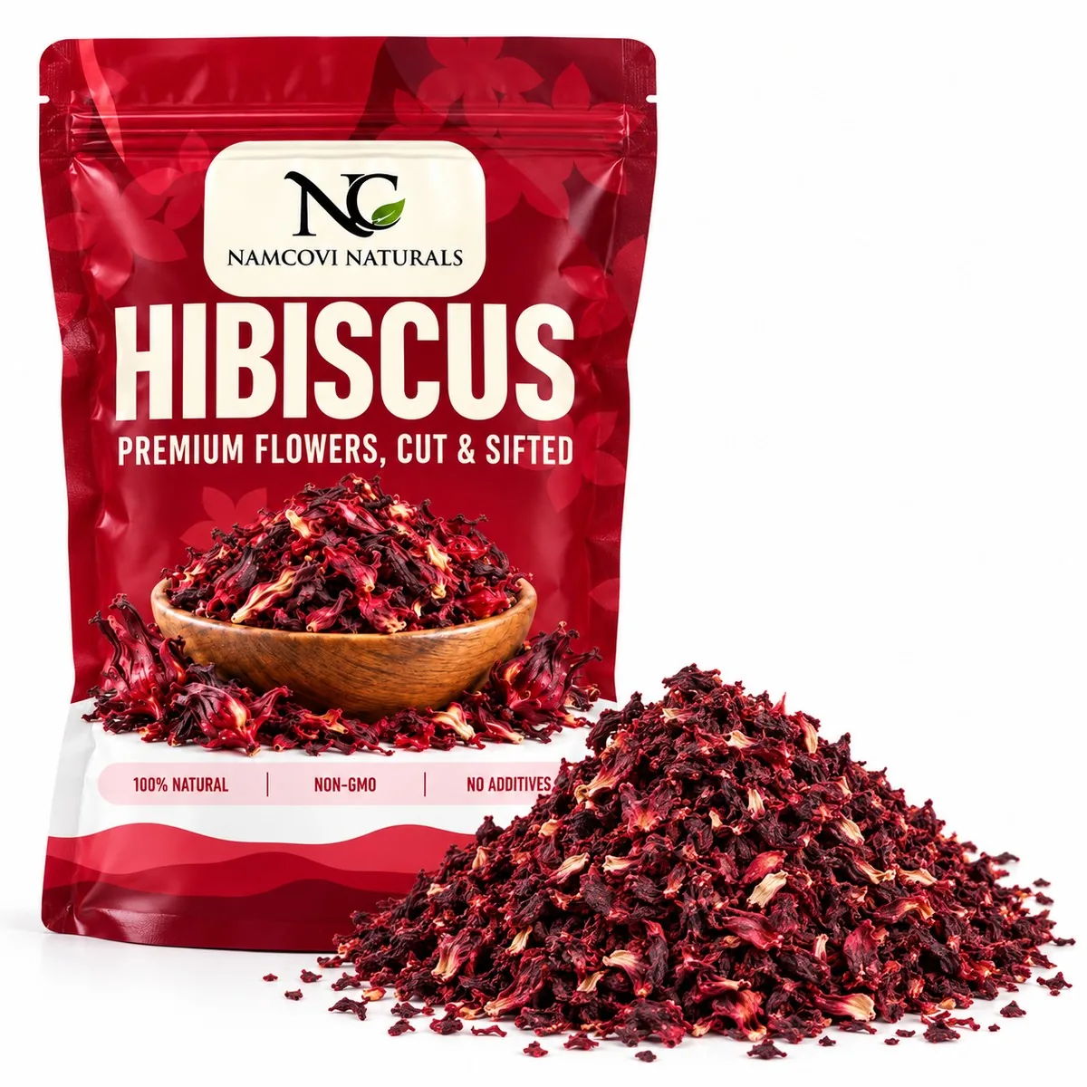 The Namcovi cut and sifted hibiscus pouch beside a heap of cut hibiscus pieces
