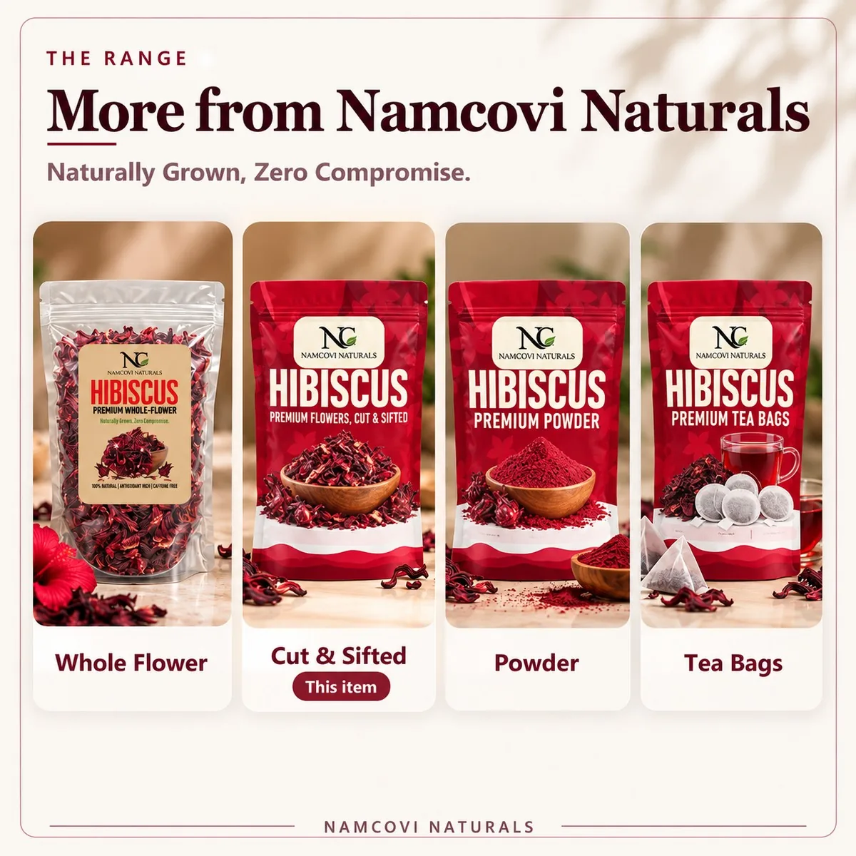 More from Namcovi Naturals: whole flower, cut and sifted, powder and tea bags