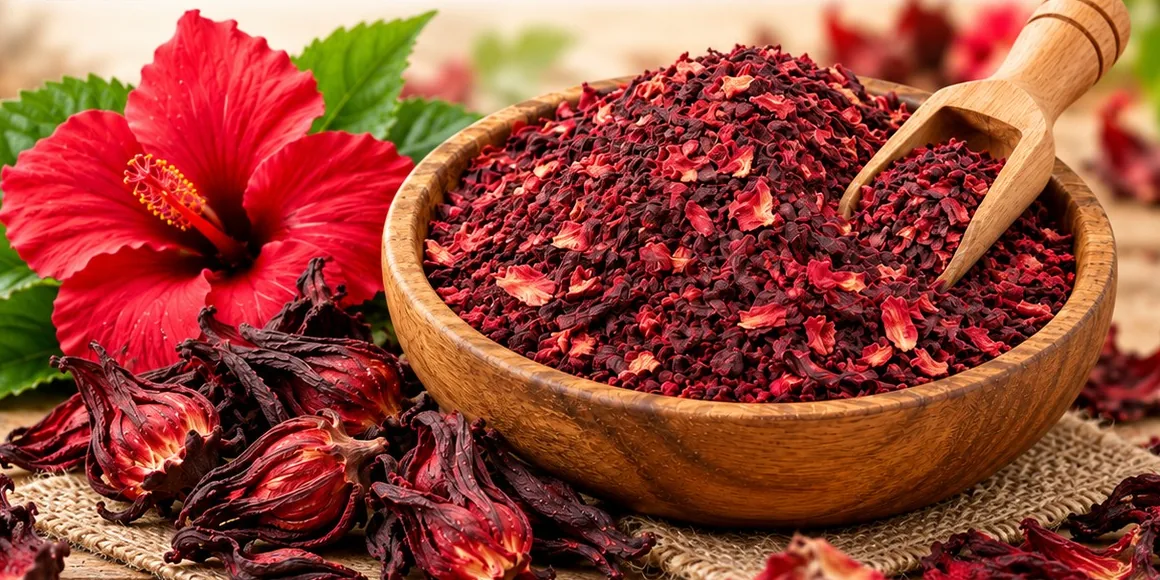 A wooden bowl of cut and sifted hibiscus flowers