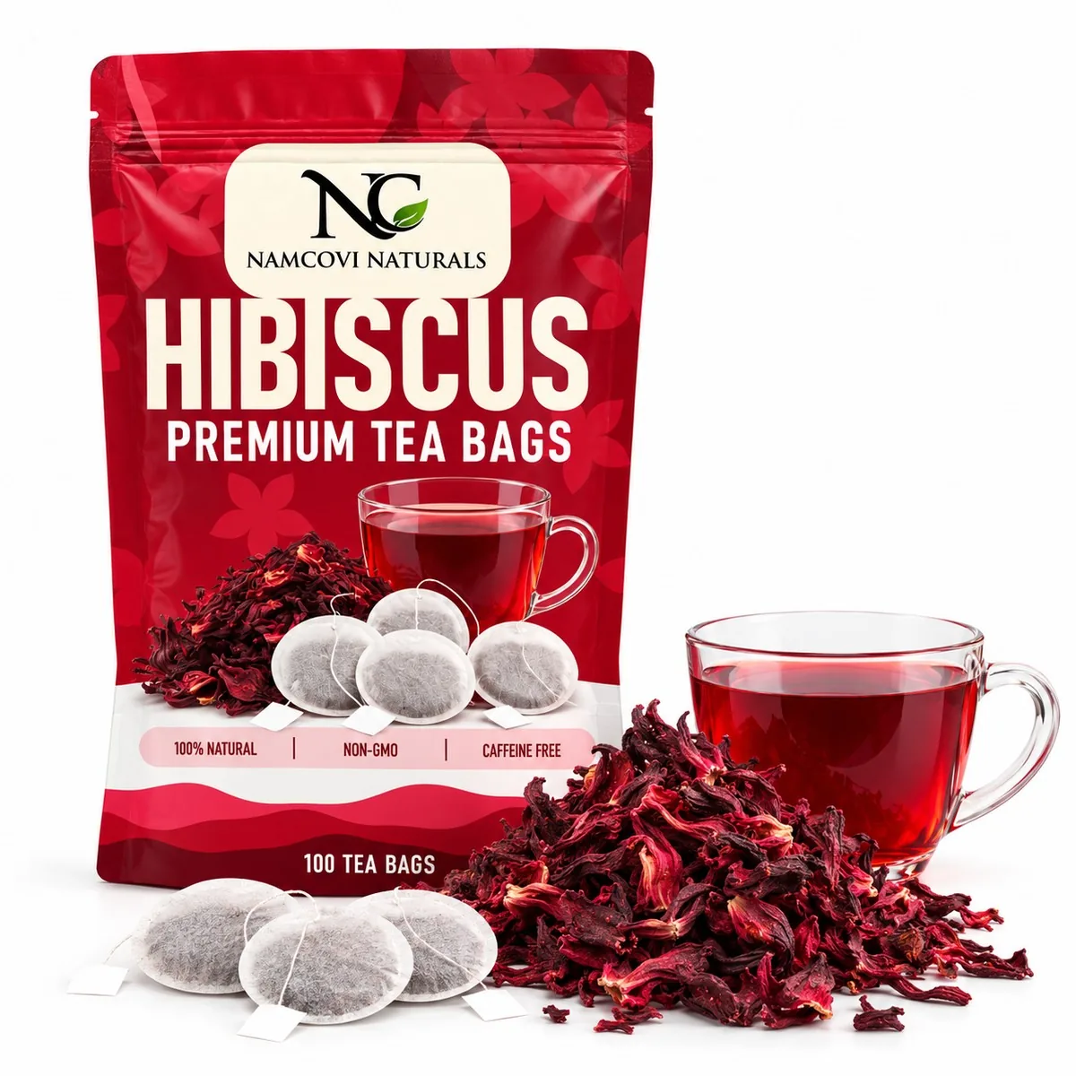 The Namcovi hibiscus tea bags pouch with round tea bags, dried flowers and a cup of tea
