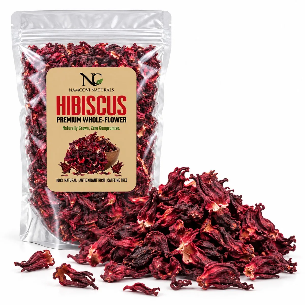 The Namcovi whole dried hibiscus flowers pouch beside a heap of dried flowers