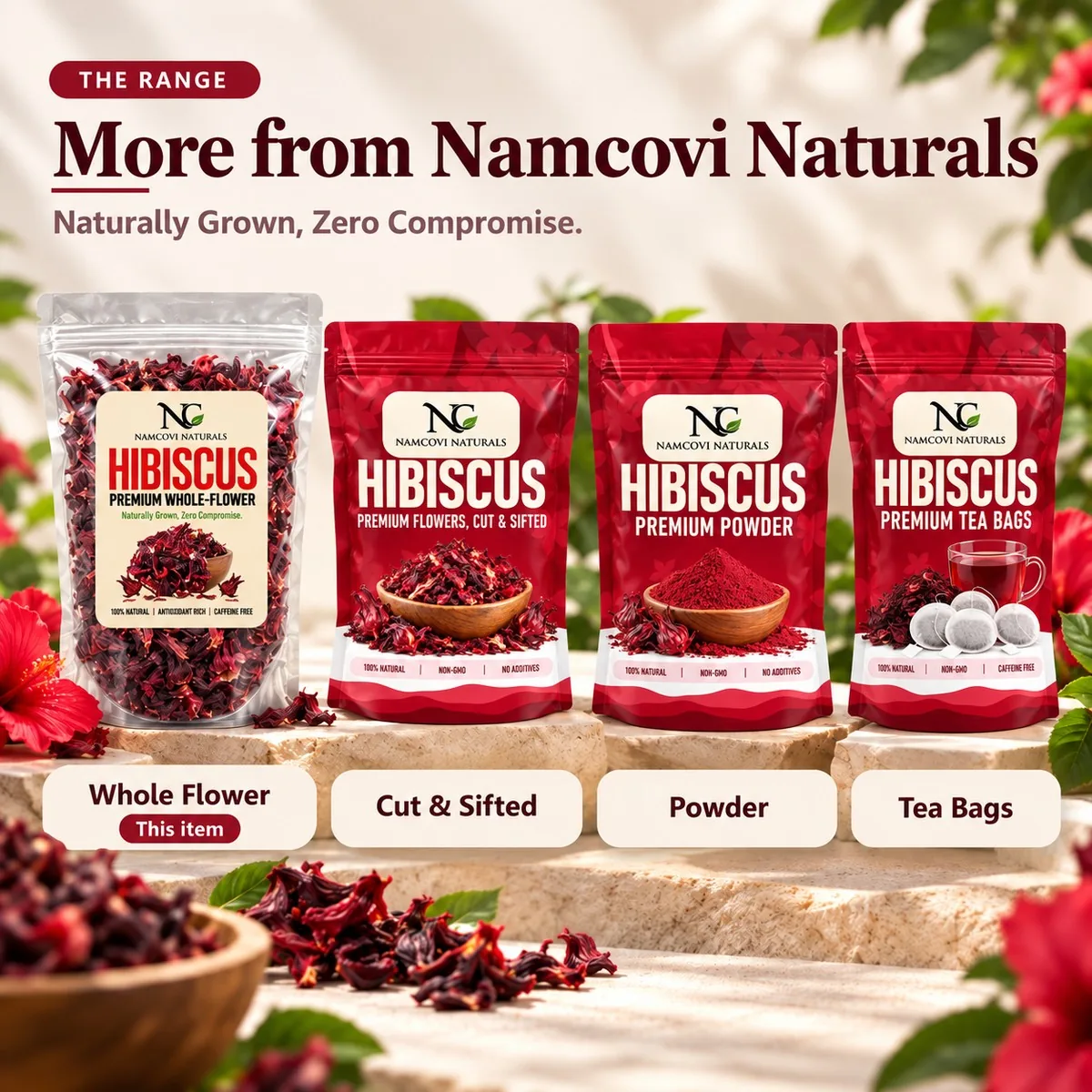 More from Namcovi Naturals: whole flower, cut and sifted, powder and tea bags