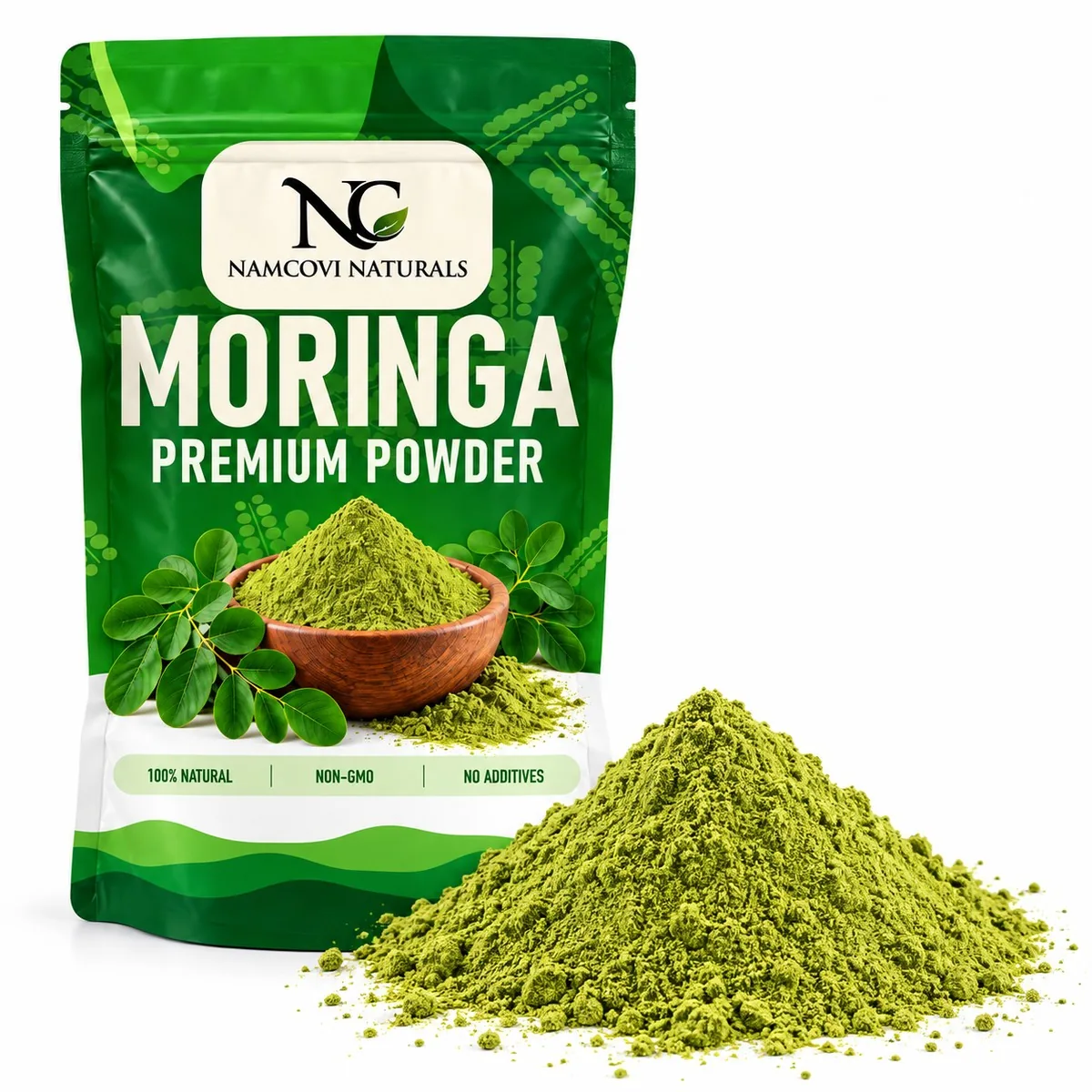 The Namcovi moringa powder pouch beside a heap of green moringa powder