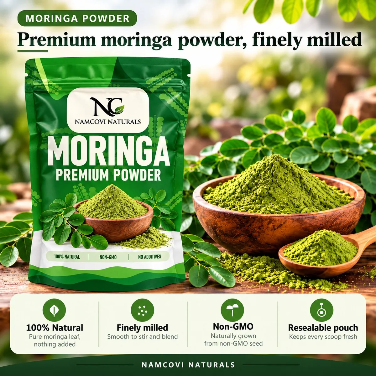 Premium moringa powder, finely milled: 100% natural, finely milled, non-GMO, resealable pouch