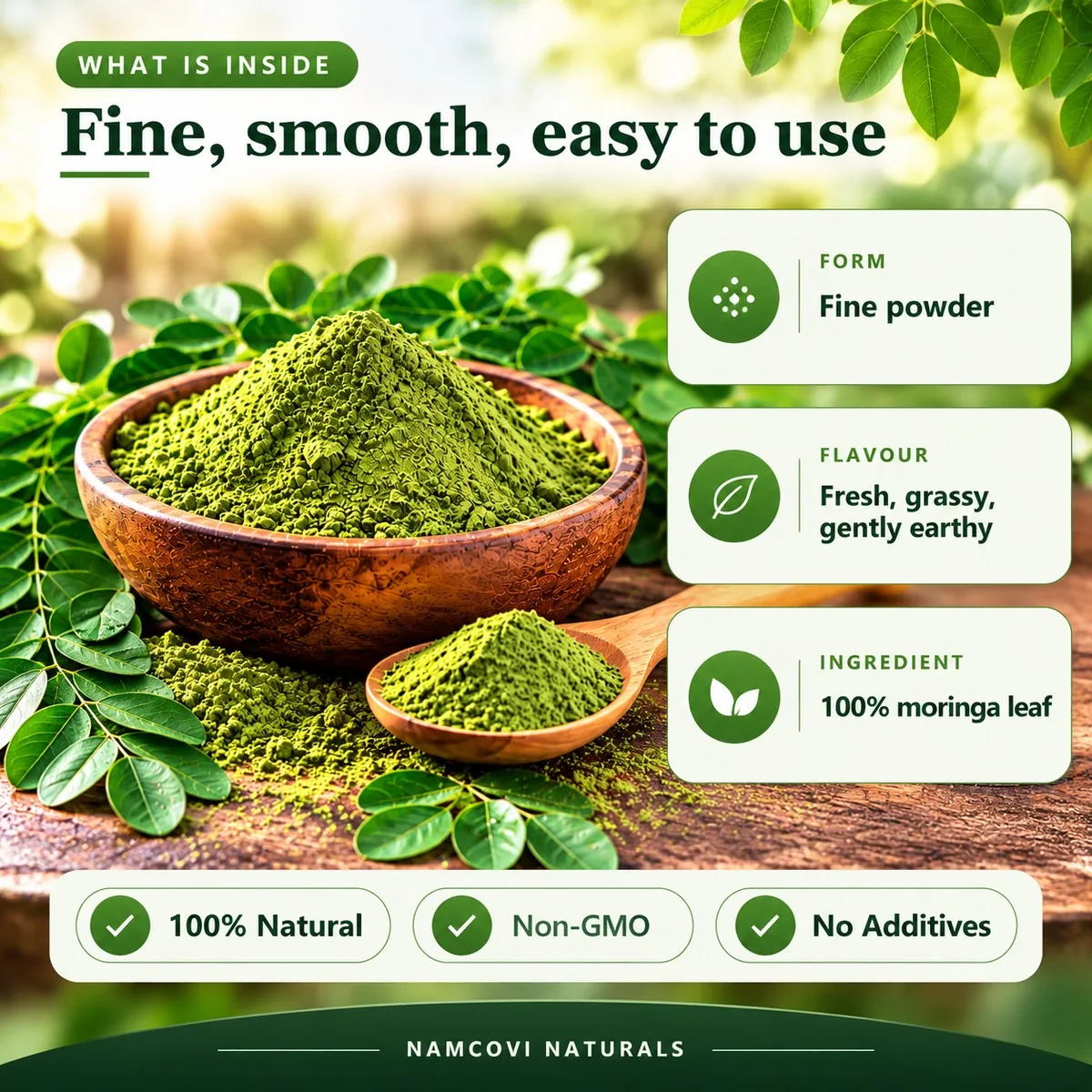 Fine, smooth, easy to use: fine powder, fresh and grassy, 100% moringa leaf