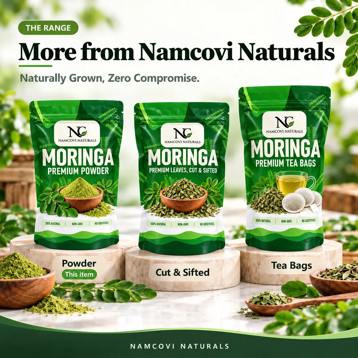 More from Namcovi Naturals: moringa powder, cut and sifted leaves and tea bags