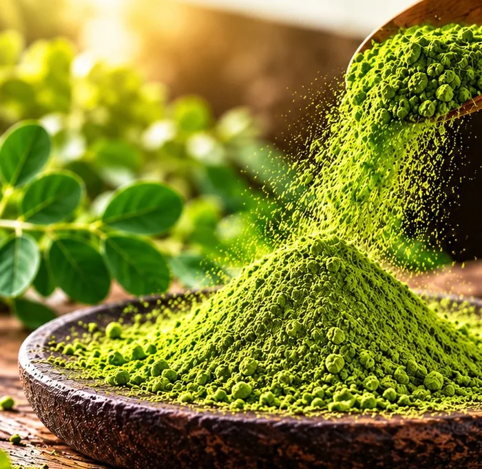 Moringa powder pouring from a wooden scoop