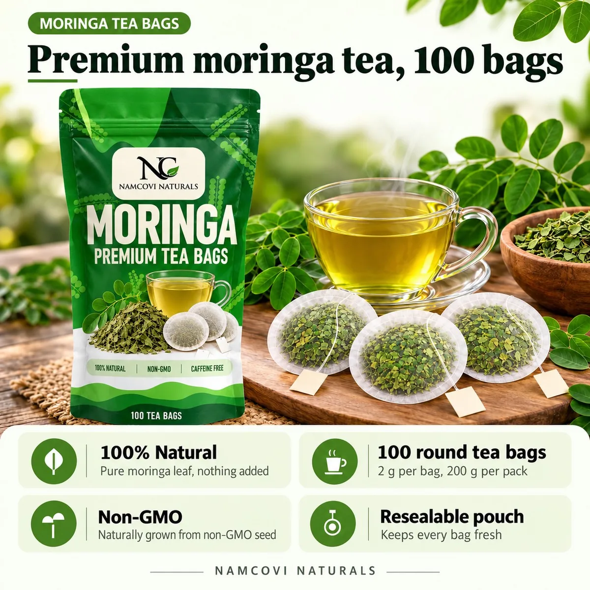 Premium moringa tea, 100 bags: 100% natural, 100 round tea bags, non-GMO, resealable pouch