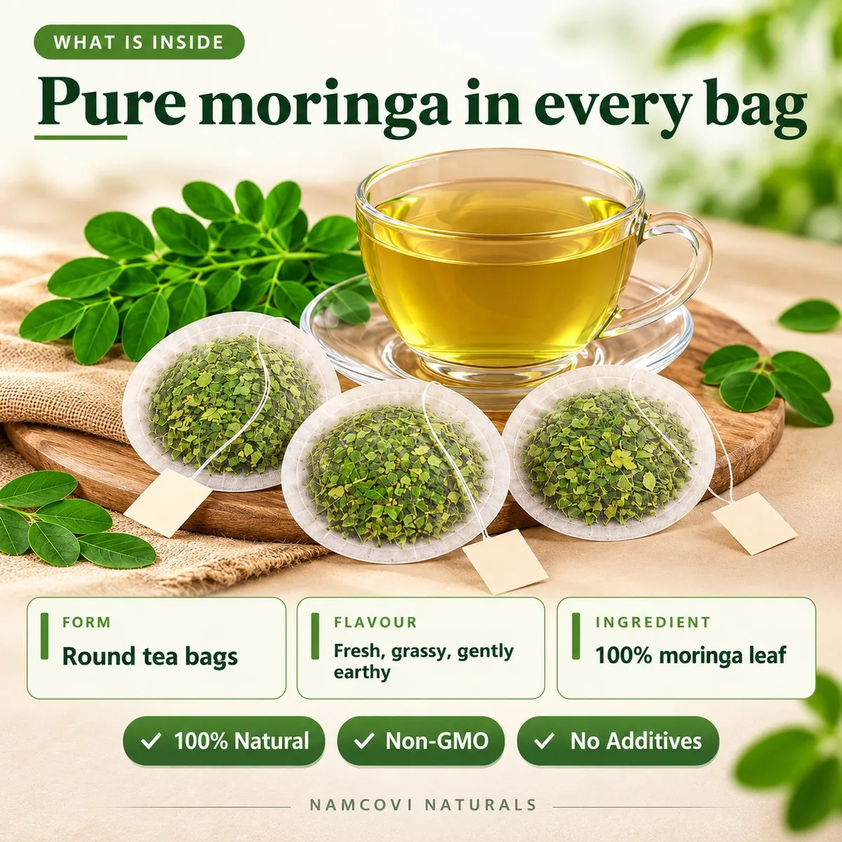Pure moringa in every bag: round tea bags, fresh and grassy, 100% moringa leaf