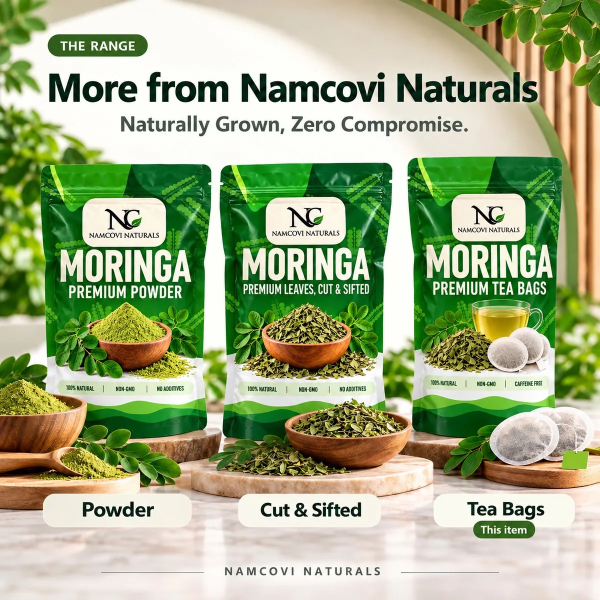 More from Namcovi Naturals: moringa powder, cut and sifted leaves and tea bags