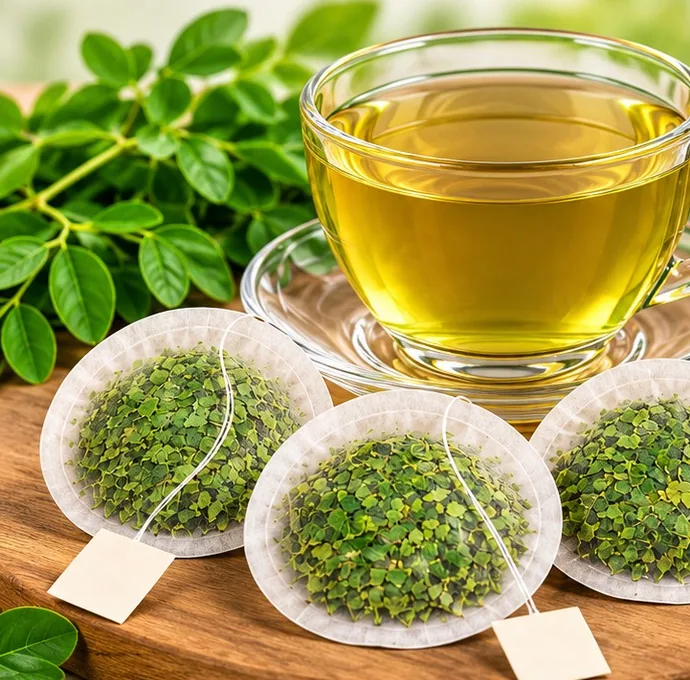 A cup of moringa tea beside round tea bags