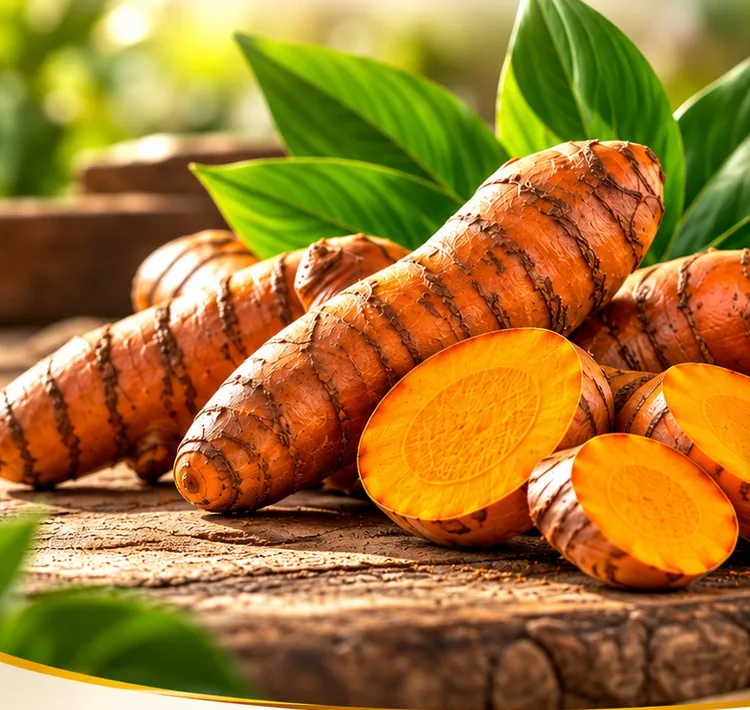 Fresh turmeric roots, whole and sliced