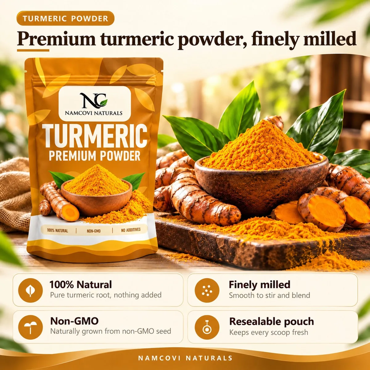 Premium turmeric powder, finely milled: 100% natural, finely milled, non-GMO, resealable pouch