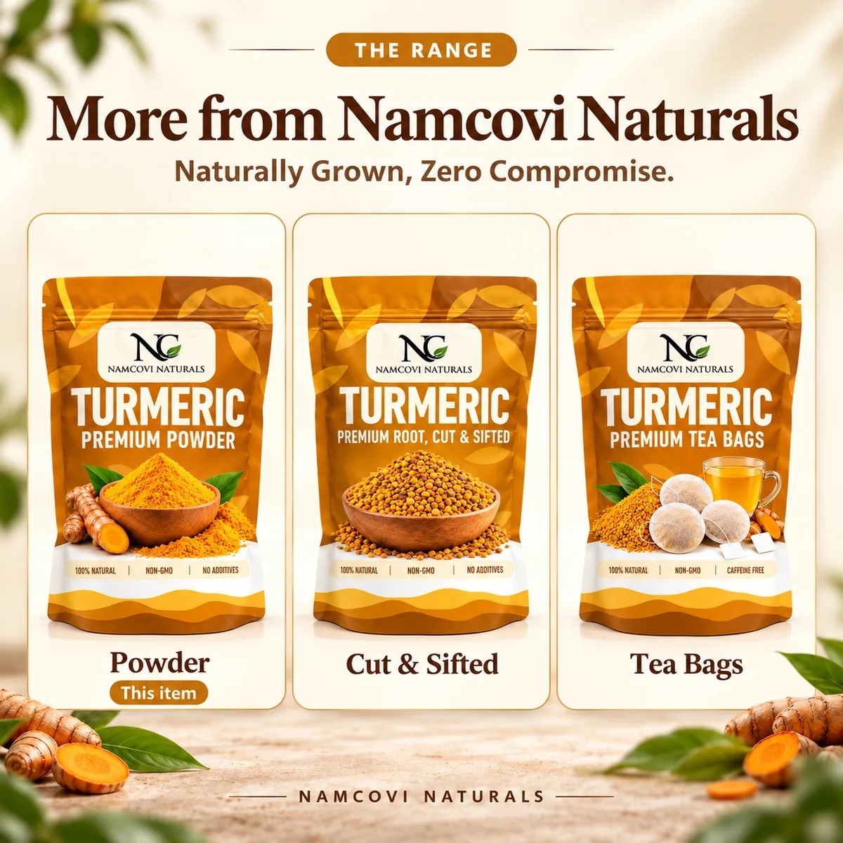 More from Namcovi Naturals: turmeric powder, cut and sifted root and tea bags