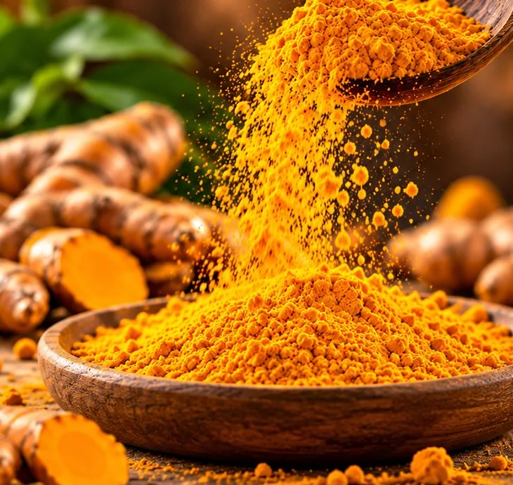 Turmeric powder pouring from a wooden scoop