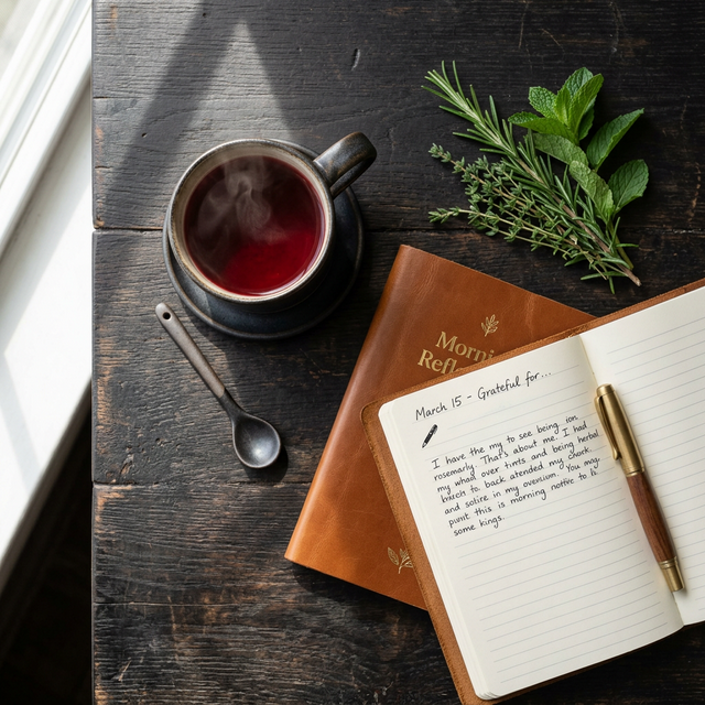 Holistic morning routine with tea and journal