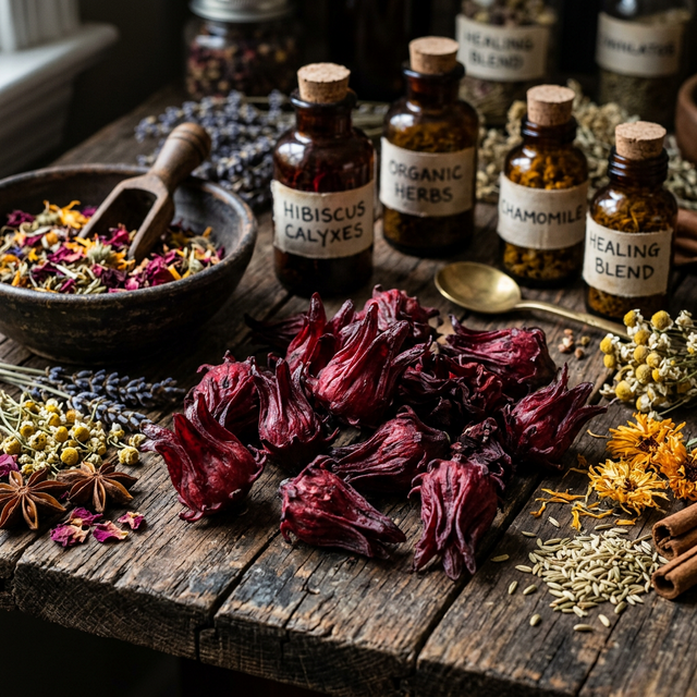 Macro shot of dried organic herbs and hibiscus petals