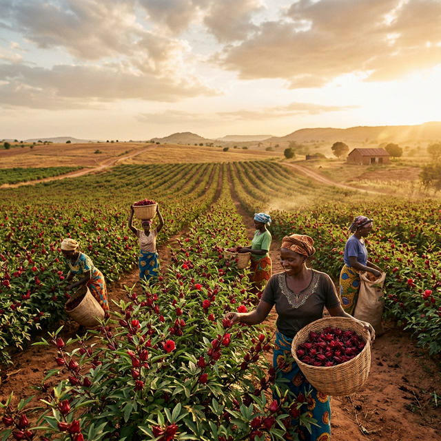 Women harvesting hibiscus in the Namcovi farm